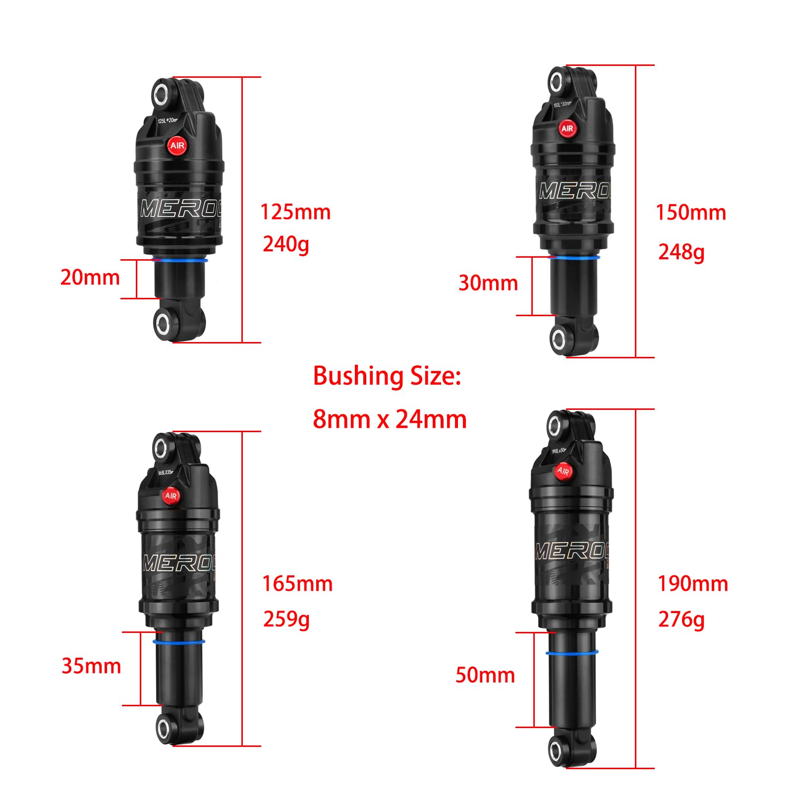 MEROCA Luftdruck Stoßdämpfer Hinten 125/150/165/190mm für MTB Rennrad - Luft Federbein mit Weich/Hart Einstellung, 20-50 mm Hub, 250 PSI, US-Ventil (165mm)