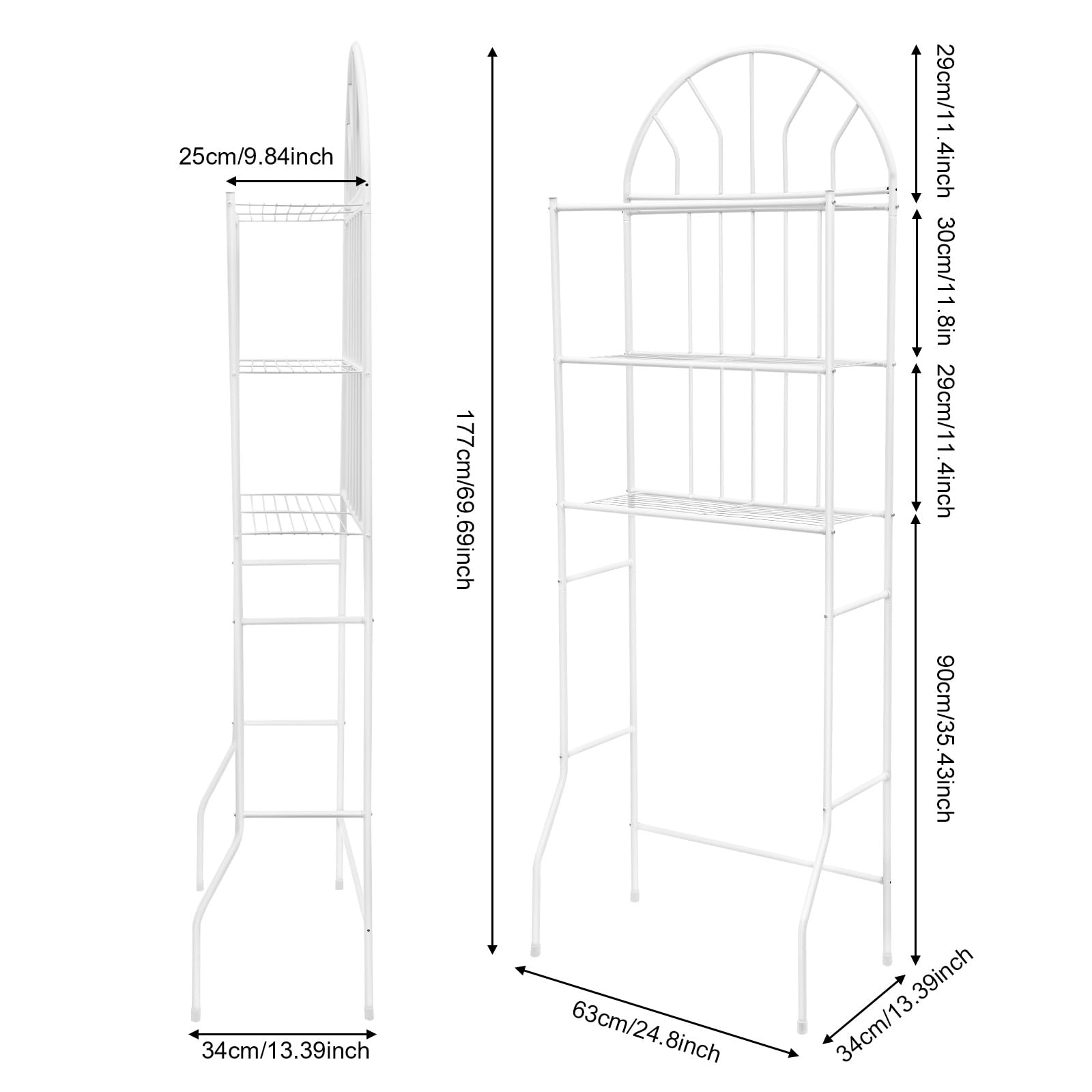 Estante de pared de metal de 3 niveles sobre el inodoro que ahorra espacio, estante independiente para espacios pequeños, solución de almacenamiento elegante para balcones y cocinas