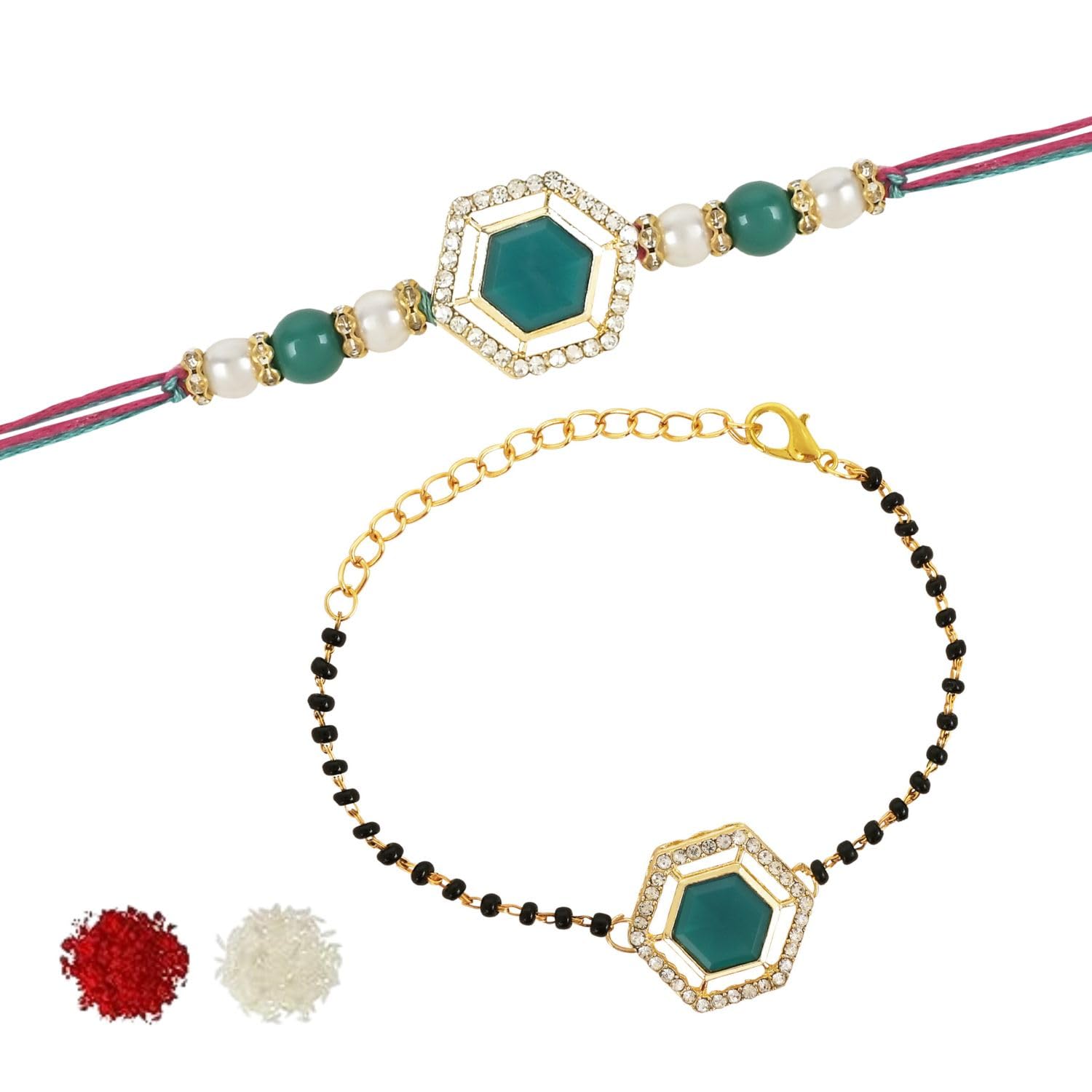 I Jewels Elegant Kundan Stone Bhaiya Bhabhi Mangalsutra Bracelet Rakhi Set With Roli Chawal & Rakshabandhan Card For Brother/Bro/Men (R134-CO) (B0CBVCXRLG) Amazon Price History, Amazon Price Tracker