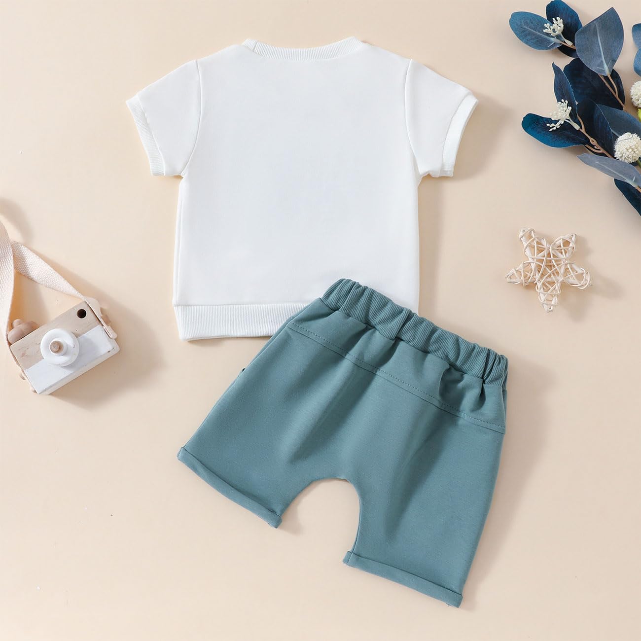 Vestiti Neonato Maschio, Abbigliamento Neonato Lettera Ricamata Manica Corta Nuovo Nato Tuta Neonato, Decorazione con Nodo a Fiocco Pantaloncini Elasticizzati per Neonato, Verde/Blu, 0-36 Mesi