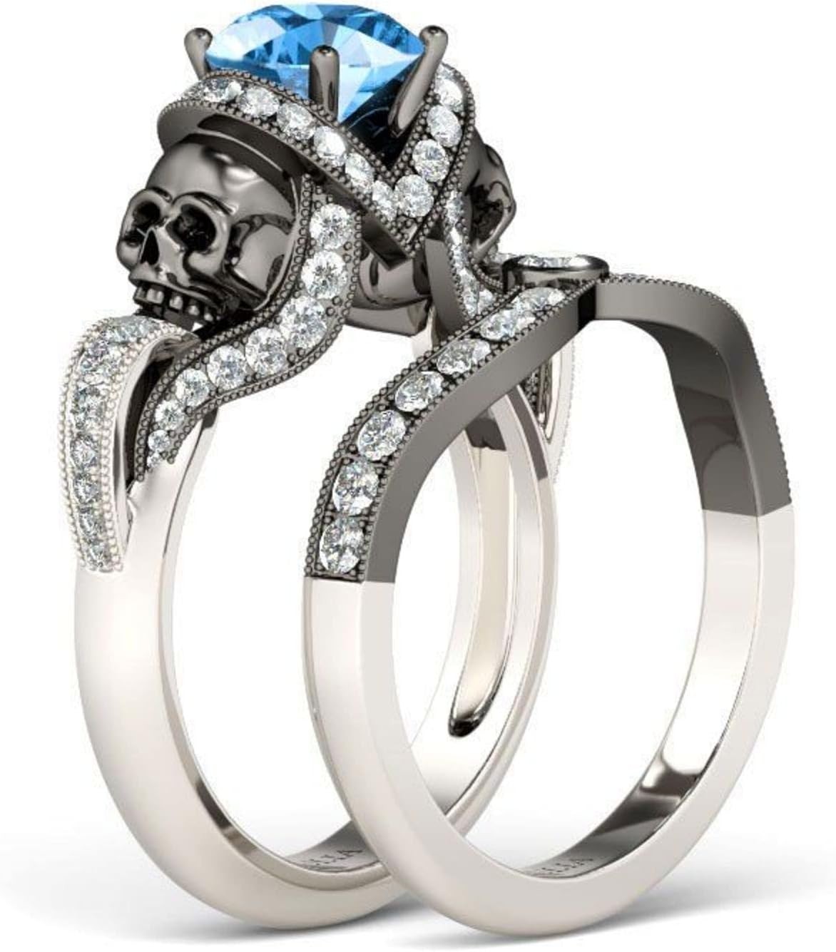 Jeulia 3.68 Carat Twist Skull Rings for Women Sterling Silver Two Tone Twist Band Rings White Diamond Bridal Ring Set Black Plated Engagement Promise Rings with Jewelry Gift Box