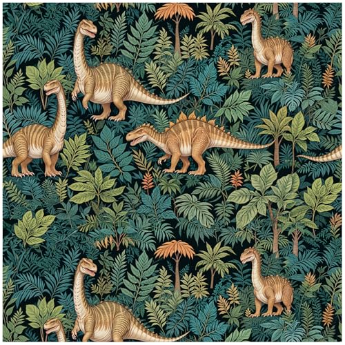 Tropical Dinosaur Peel and Stick Wallpaper Green Retro Jungle Botanical