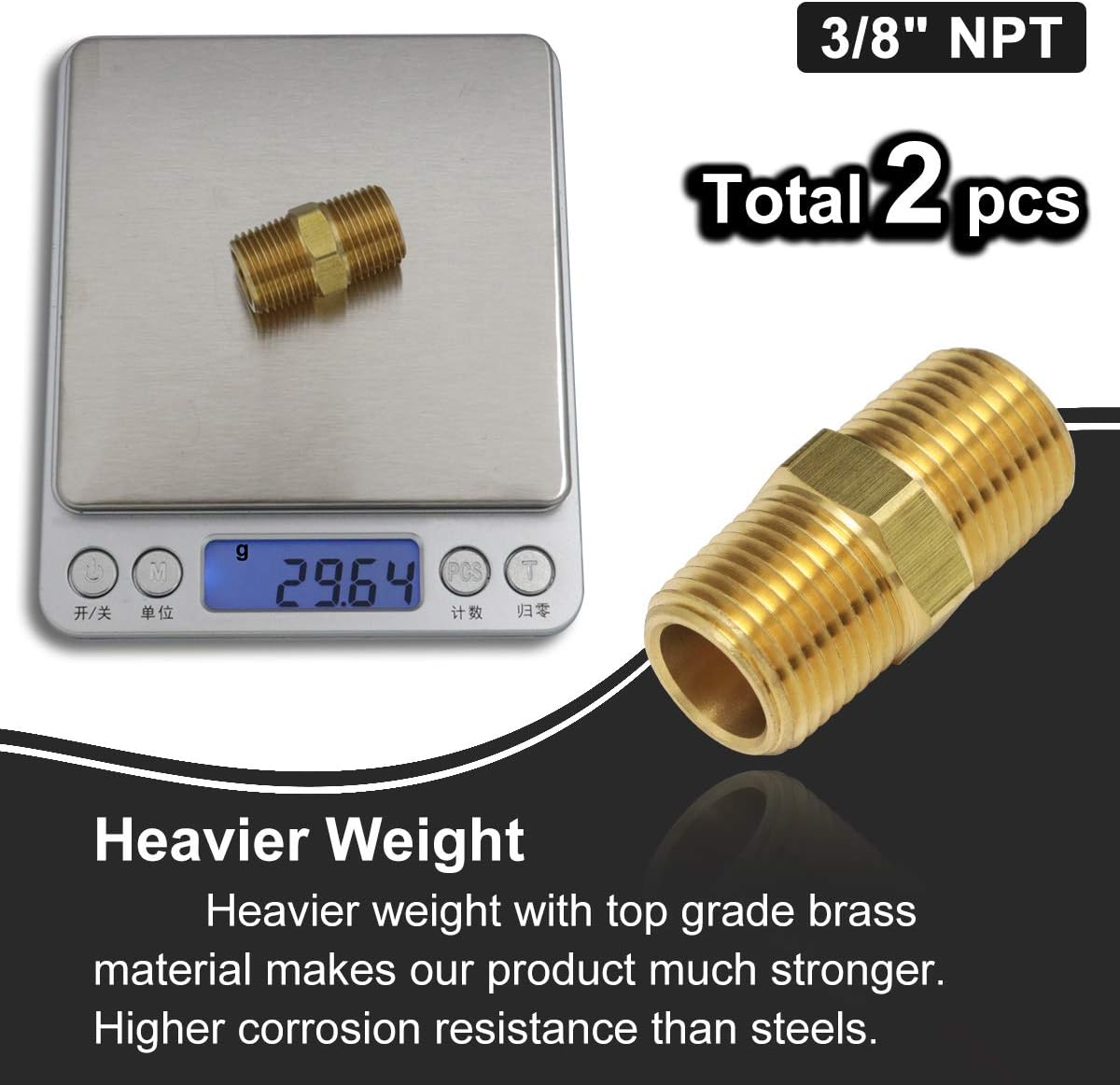 2pcs 3/8" to 3/8" NPT Male Thread Brass Straight Hex Nipple Fast Coupler Pipe Hose Fitting 3/8 inch x 3/8 inch Straight Fitting