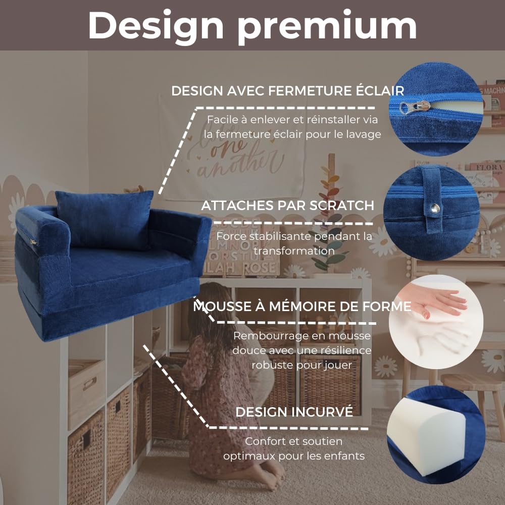 Canapé en Mousse pour Enfants avec Couverture & Oreiller, Sofa Convertible 3-en-1 Pré-assemblé pour Tout-petits, Chaise Pliable d'Intérieur & Lit de Sol Dépliable pour Garçons & Filles (Marine)