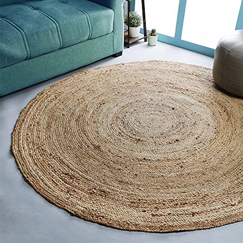 Hausattire Hand Woven Jute Braided Rug, 6’ Round – Natural, Rever...