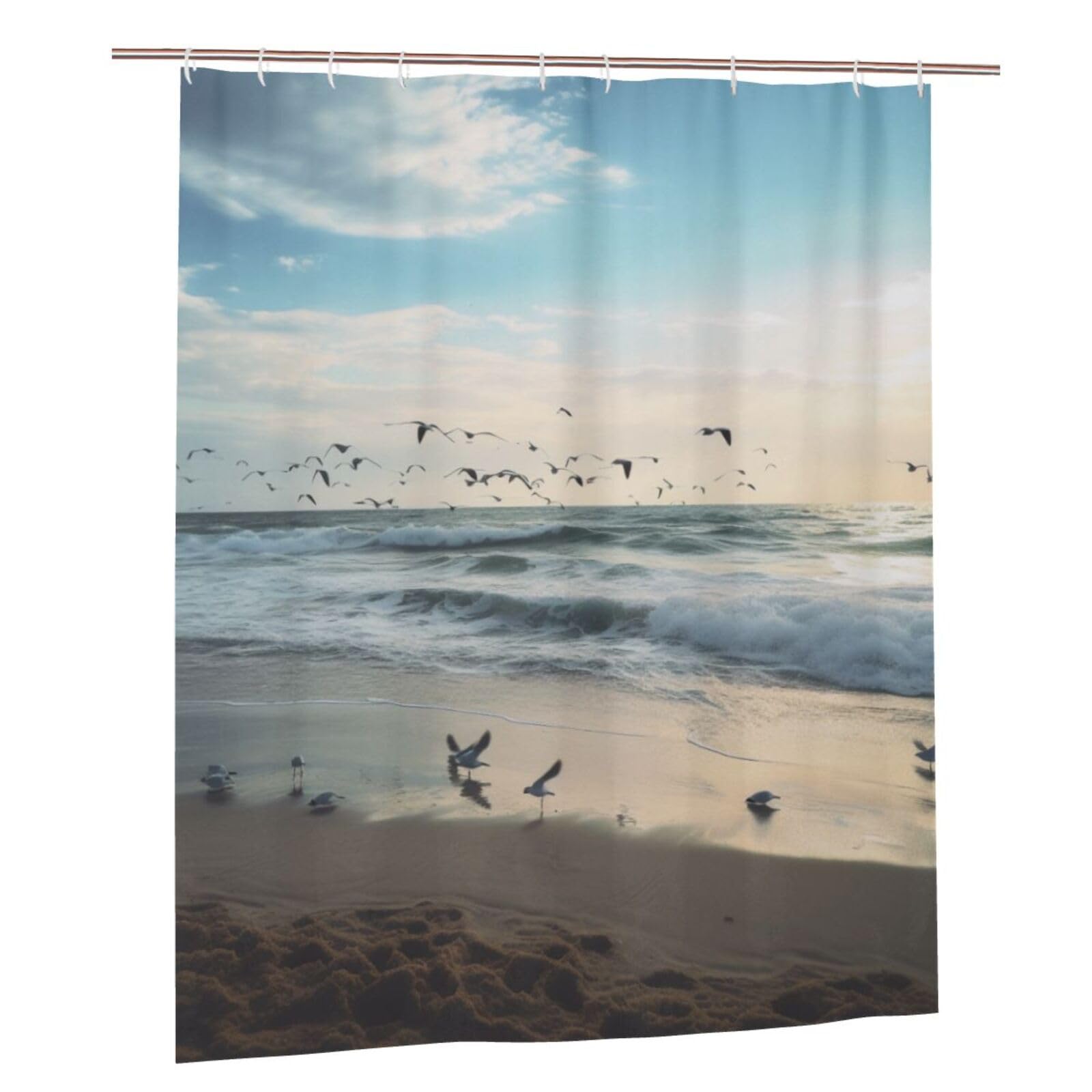 BWWHCCTI The Beach with Sea Birds Printed Shower Curtain With 12 Plastic Hooks Opaque Quick Drying Waterproof Shower Curtains Sets For Bathroom 152x183 Cm