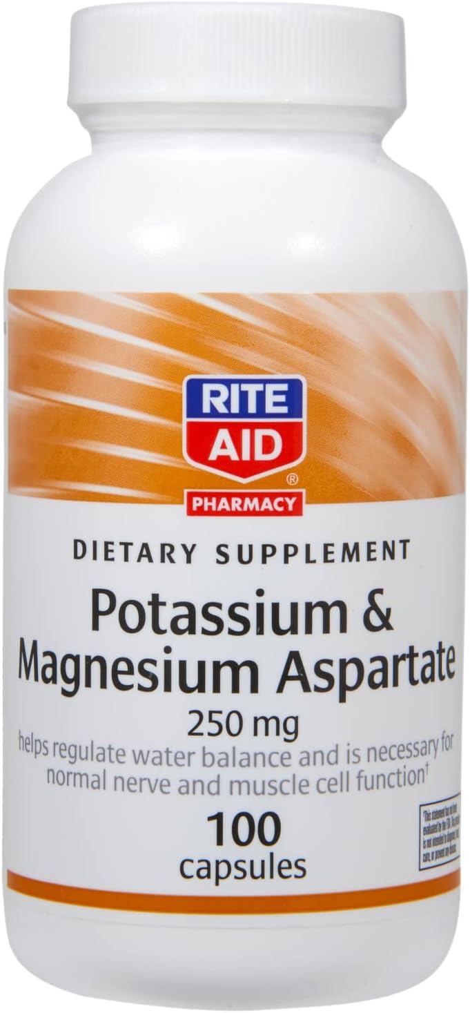 Rite Aid Potassium and Magnesium Aspartate, 250mg - 100 Capsules | Potassium Magnesium Supplement | Magnesium Supplement | Potassium Supplement | Regulate Water Balance | Nerve & Muscle Cell Function