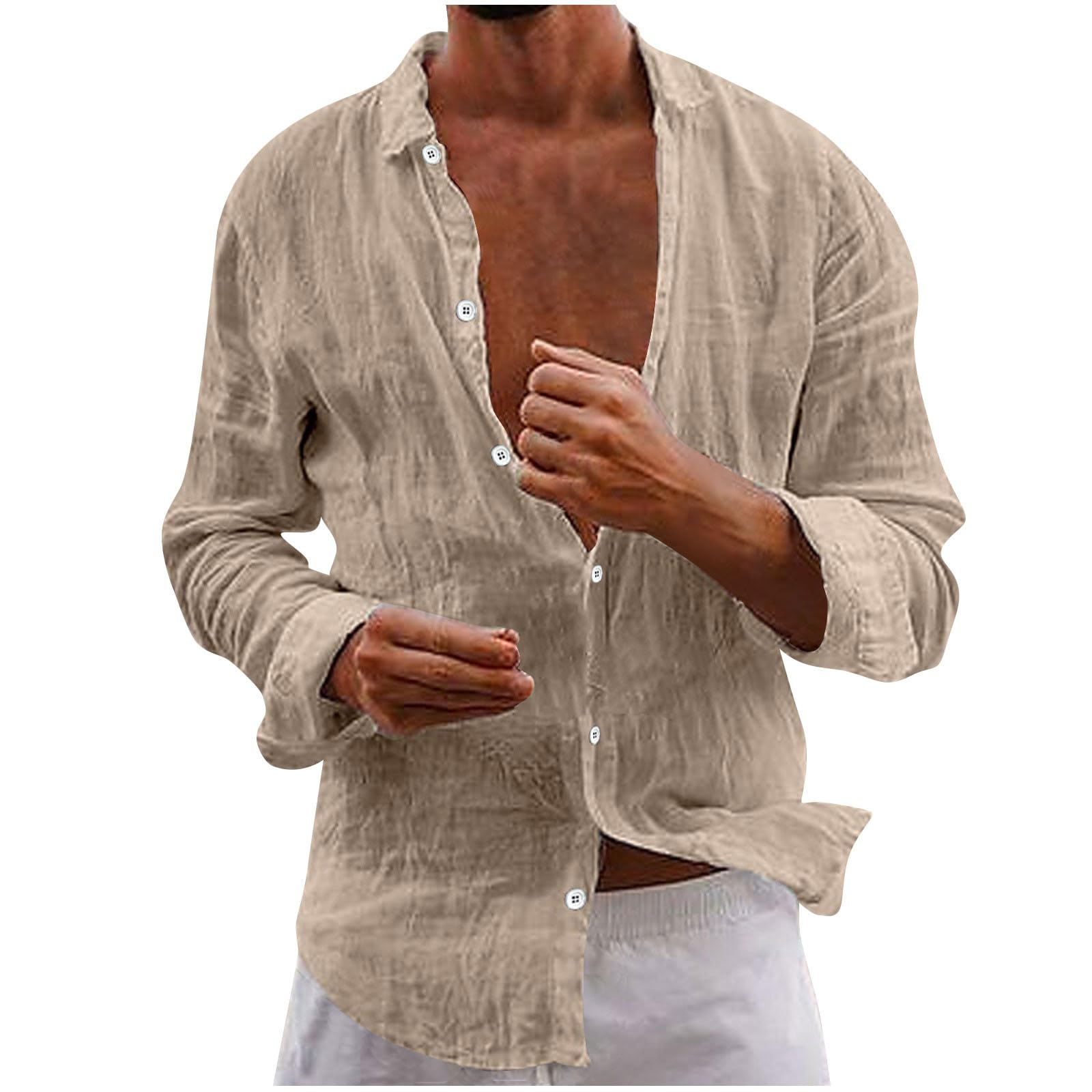 Men's Cotton Linen Long Sleeve Shirt V Neck Casual Button Down Blouse Solid Color Loose Tops Comfy Lightweight Tee