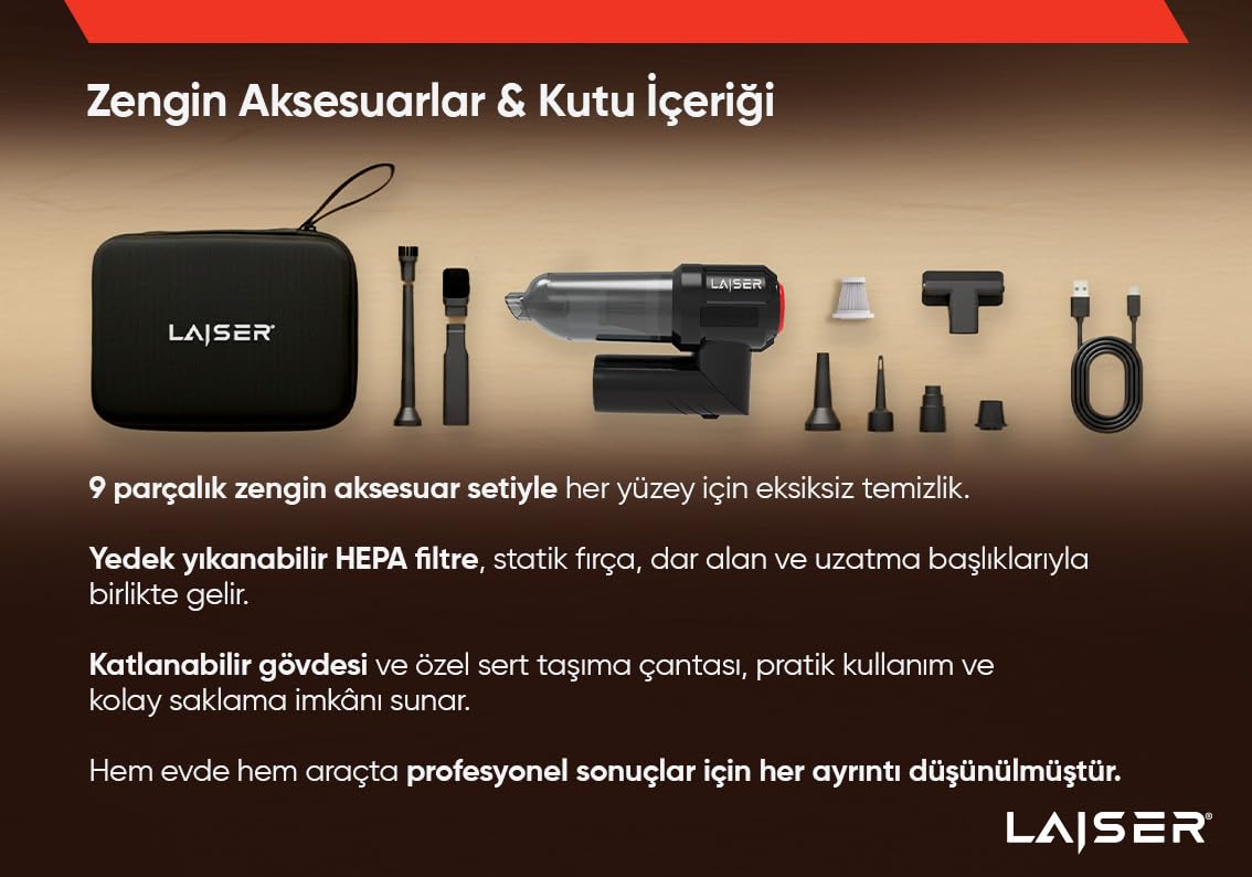 Laiser Mini, Katlanabilir LED Ekranlı 17.000 PA 3 in 1 Çekme-Vakum-Üfleme Özellikli Şarjlı Araç Süpürgesi