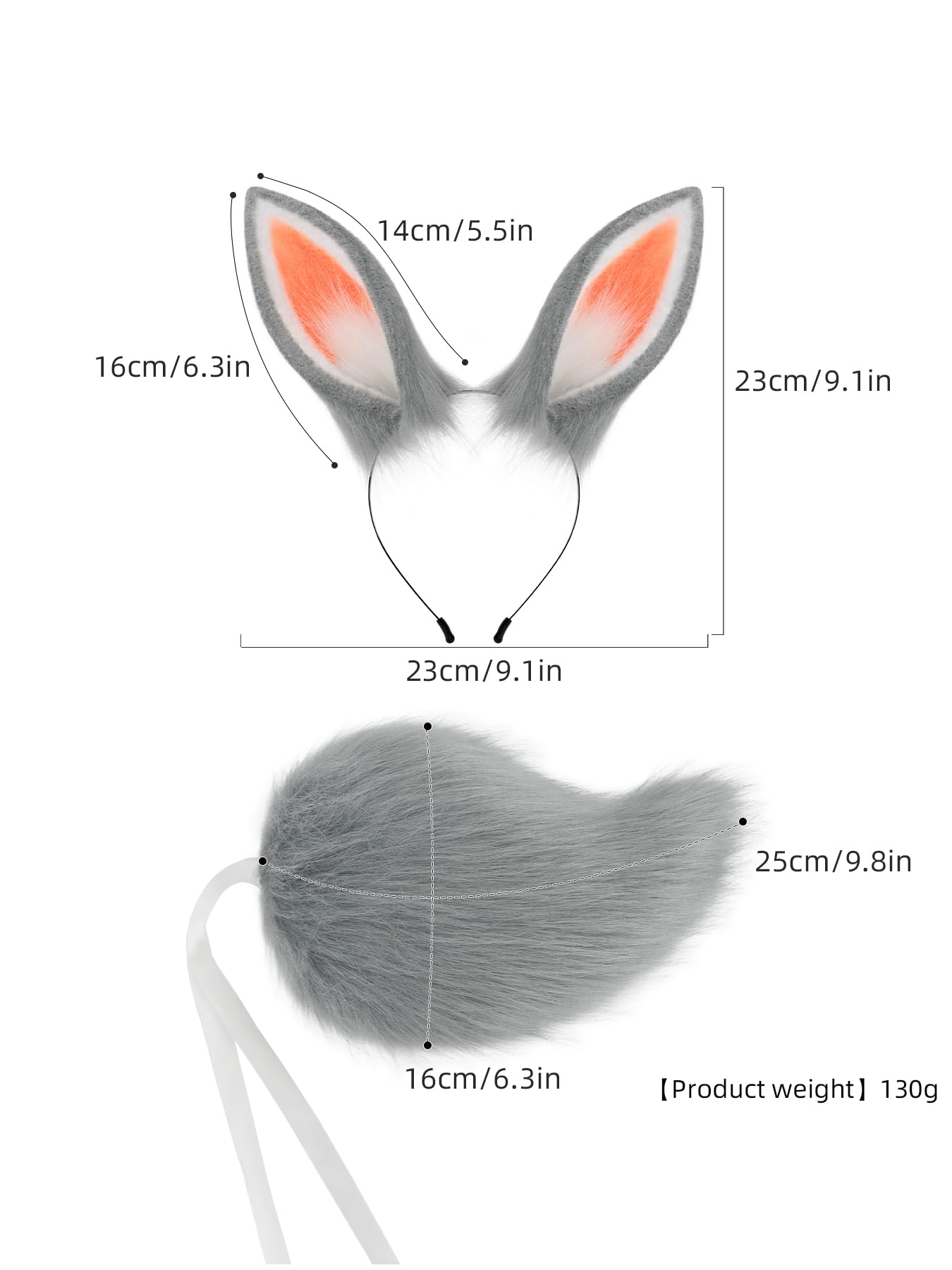 QinRuan Women's Bunny Ears Headwear Faux Fur Rabbit Ears Headbands and Tail Cosplay Party Coustume Set: Gray