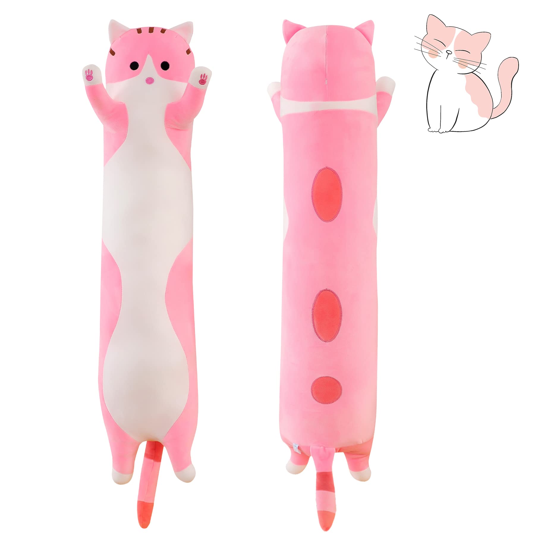 Cat Soft Pillow Plush Long Throw Sleeping Pillow Cotton Kitten Pillow Cuddly Stuffed Cute Plush Doll Toy Gift for Girlfriend Family (Pink, 90cm/35.43Inch) - 90cm/35.4Inch Pink