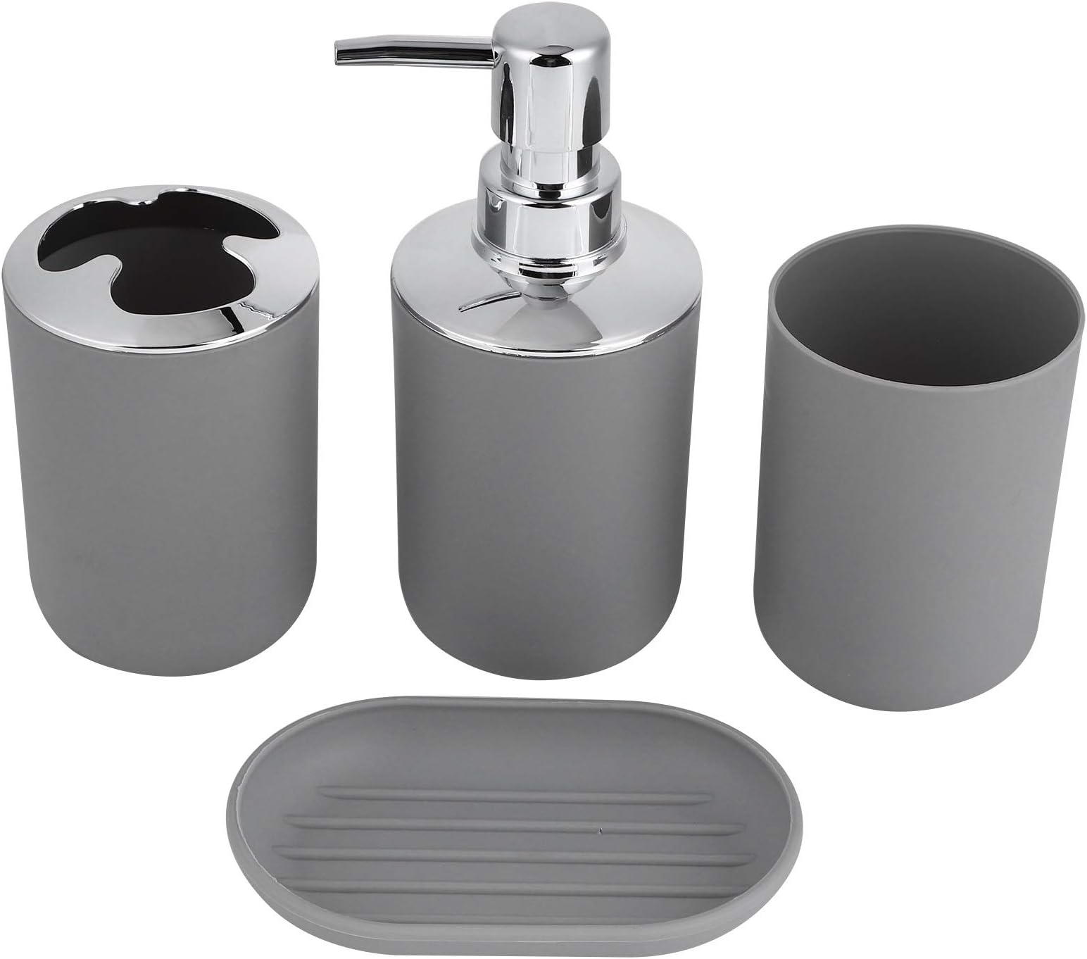 ZDETGU 4-Piece Bathroom Accessory Set Plastic Storage Cup Rinse Cup and Dish for Organized Sink Modern Electroplated Finish Space-Saving Countertop Minimalist Decor (Grey) (Grey) ()