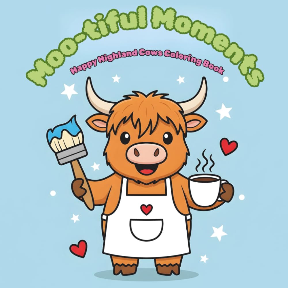 Moo-tiful Moments: Happy Highland Cows Coloring Book: 40 Cute and Funny Highland Cows Doing Human Things for Relaxation and Fun