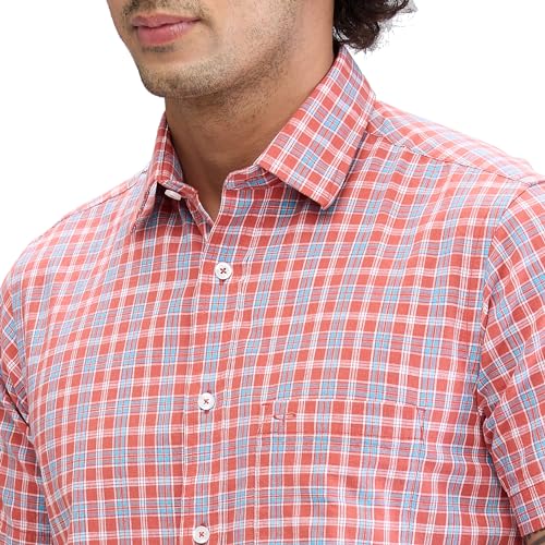 Image of Colorplus Men's Regular Fit Checks Pattern Pure Cotton Plain Collar Half Sleeve Casual Shirt