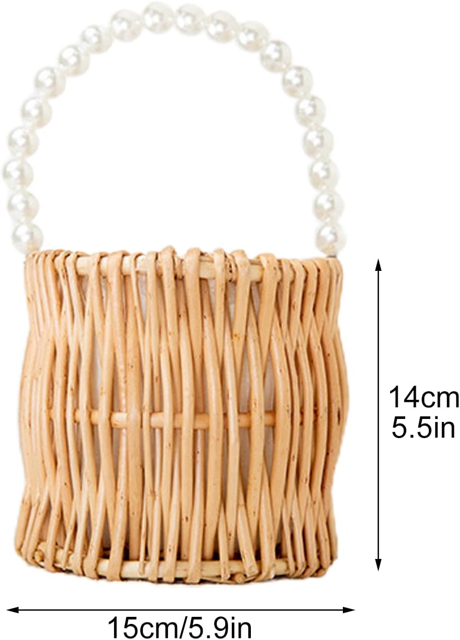 Flower Girl Basket，Set of 2 Rattan Hand Woven Wicker Flower Basket with Pearl Handle Wedding Petal Baskets Party Decor(Round15x15x14cm)