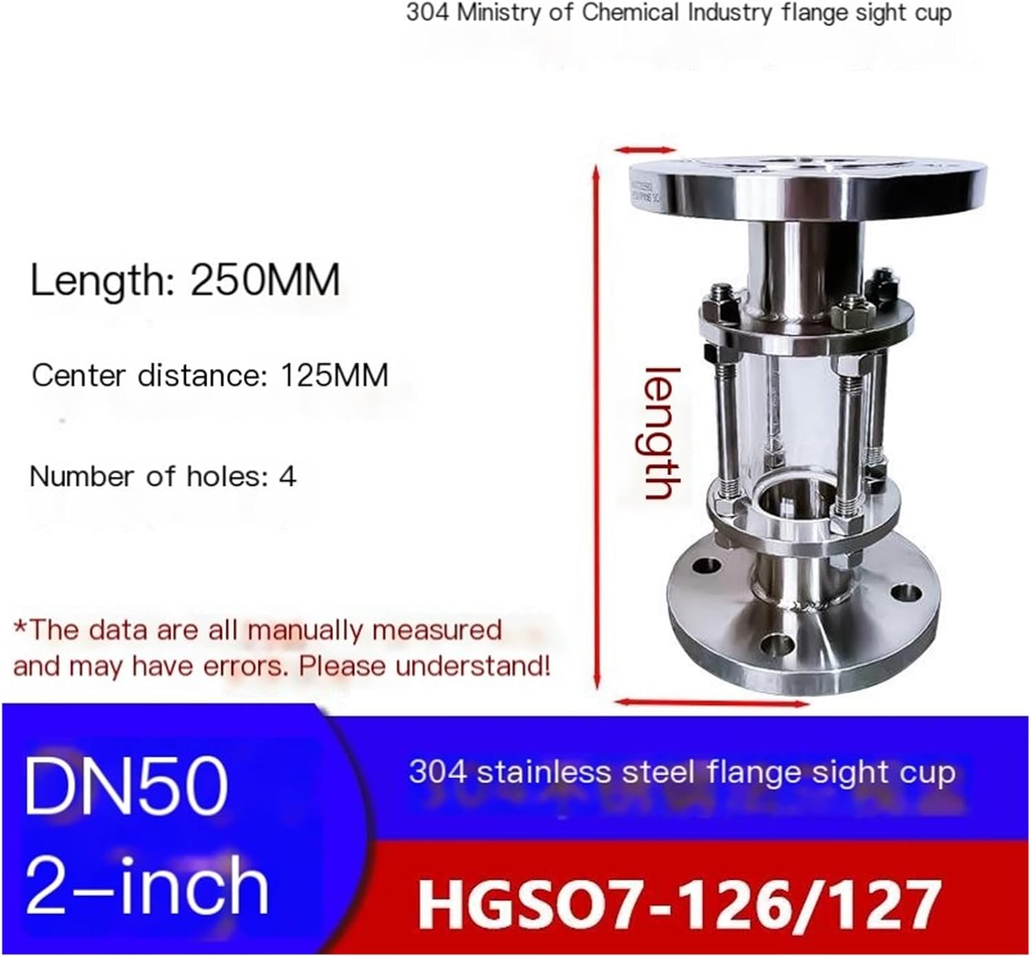 KACOME Flow Sight Glass HGS07-126 Flange Sight Glass 304/316L Stainless Steel Chemical Department Sight Glass Polished Pipe Sight Glass(304 DN50 2 inch)