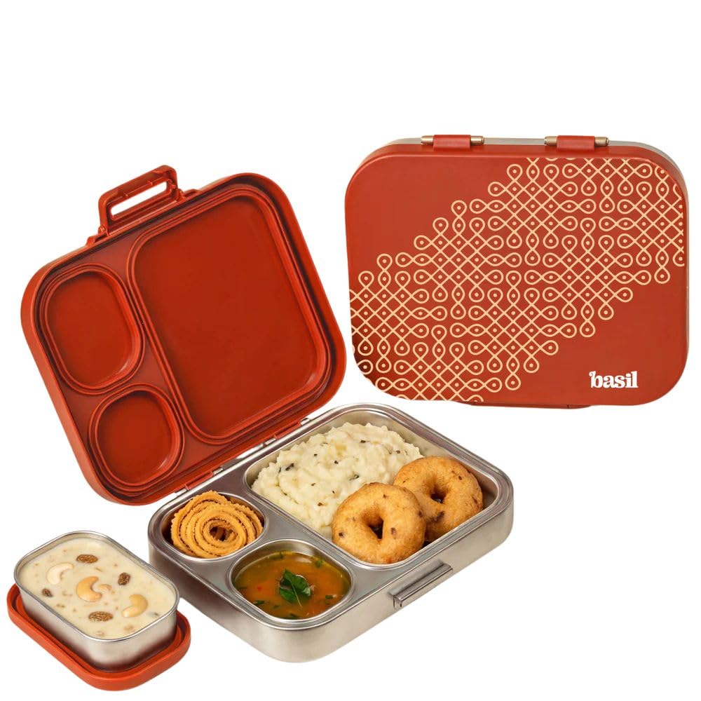 Basil Bento Box Quad Plus – 3+1 Compartment Stainless Steel Lunch Box (1020ml) with BPA-Free Lid | Leak-Proof Tiffin for Kids & Adults | Premium Lunch Box for School, Office & Picnic – Tanjore Kolam