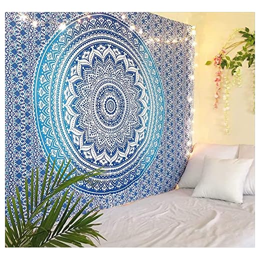 Large Twin Size Tapestry Mandala - Wall Hanging Handmade Indian Cotton Wall Decor Hippie Bohemian Decorative Art - Blue - 84 X 54 in