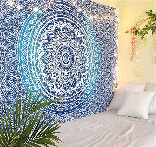 RAJRANG BRINGING RAJASTHAN TO YOU Blue Ombre Indian Wall Hanging - Hippie Mandala Tapiz Bohemia Colcha Ethnic Dorm Decor - Azul - 213 x 137 cm