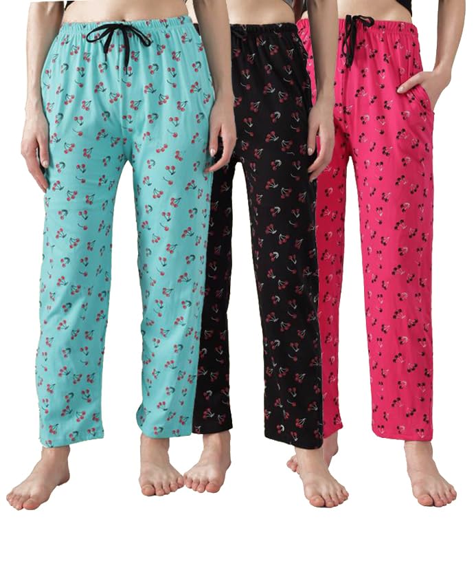 Image of Women's Cotton Pyjama, Drawstring Waist with Pockets, Soft Comfortable Sleepwear - (Pack of 3)
