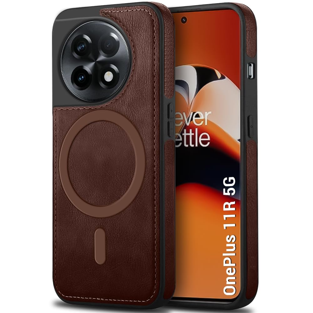TheGiftKart Genuine Leather Finish Back Cover Case for OnePlus 11R 5G | Shockproof Design | Raised Edges for Camera & Screen Protection | Stunning Minimalist Design Cover (MagSafe Compatible, Brown)-image-35