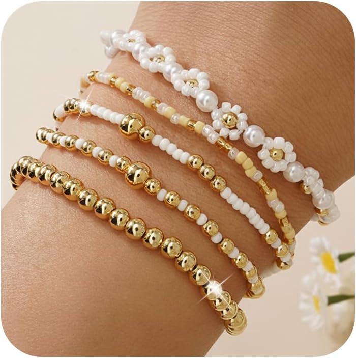 14K Gold Pearl Beaded Cross Bracelets Stack Set for Women,Stretch Boho Colorful Chr...