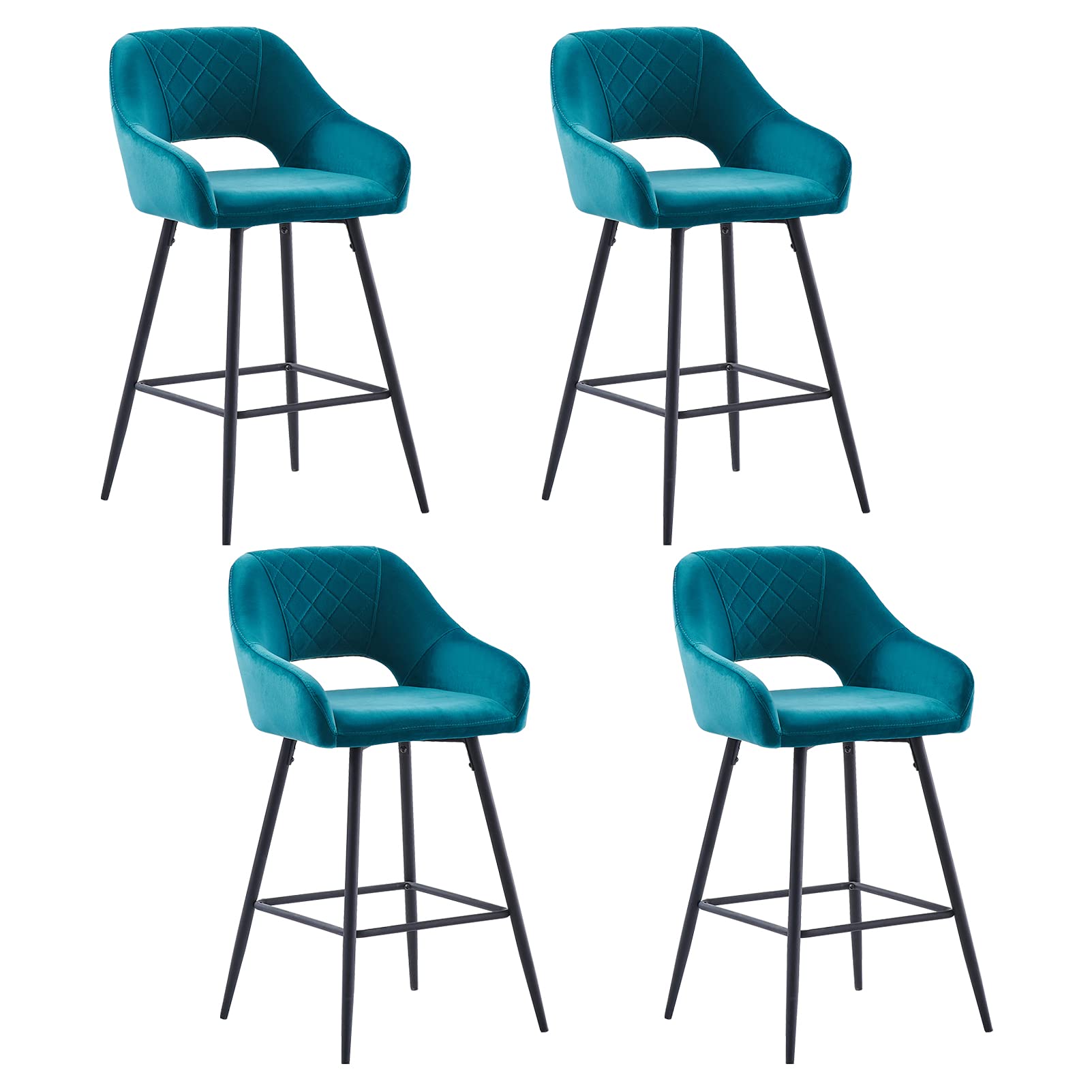Bar Stools Set of 4 Velvet Dark Teal Breakfast Dining Bar Stools Fixed Height Bar Chairs with Metal Frame and Footrest for Breakfast Bar, Counter, Kitchen and Home