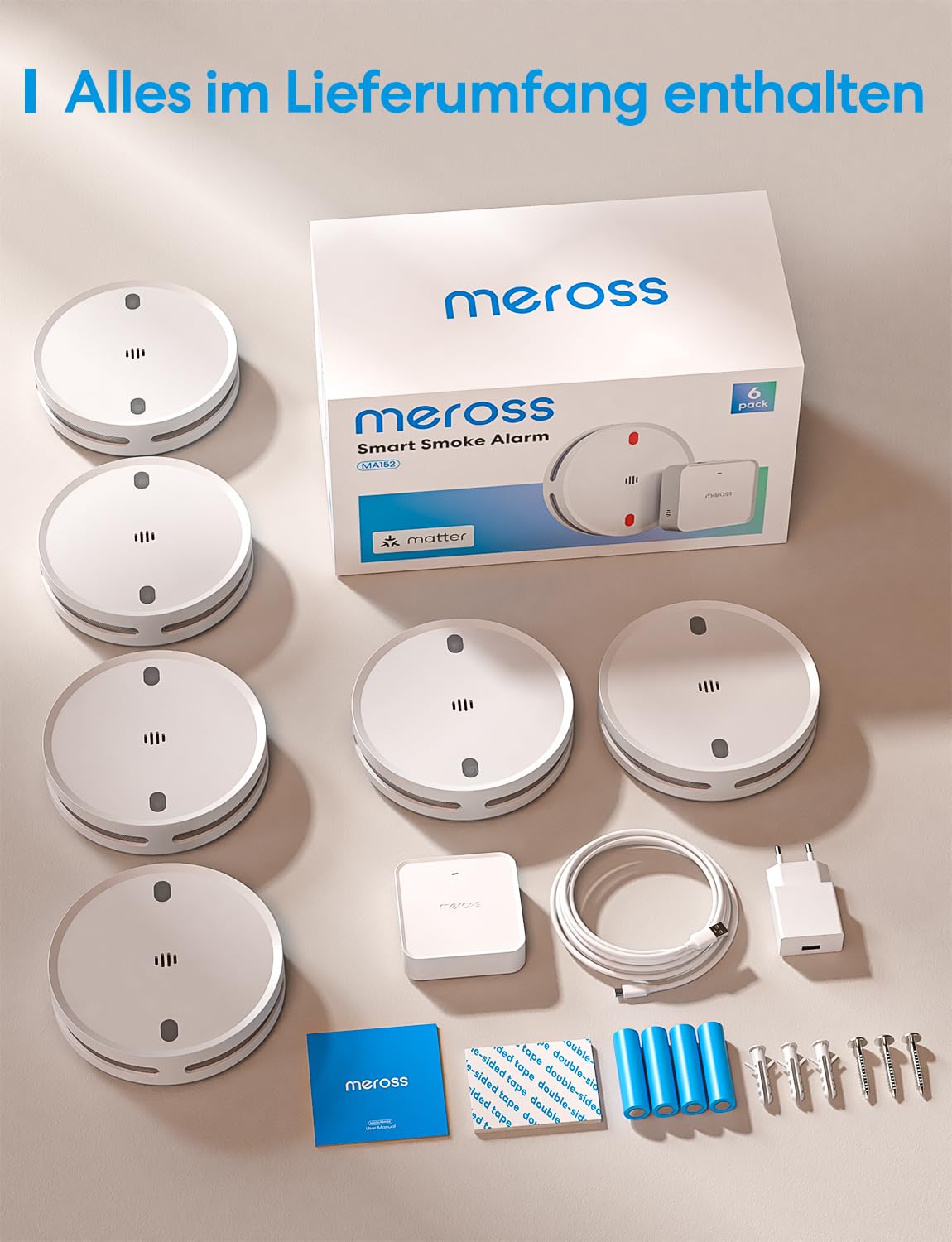 Meross Matter Rauchmelder Vernetzter mit MSH450 Hub, Smart Feuermelder mit App-Alarm, rotem LED-Fluchtlicht, WLAN Rauchwarnmelder mit Apple Home, Alexa, Home Assistant, EN14604-konform, 6er-Set