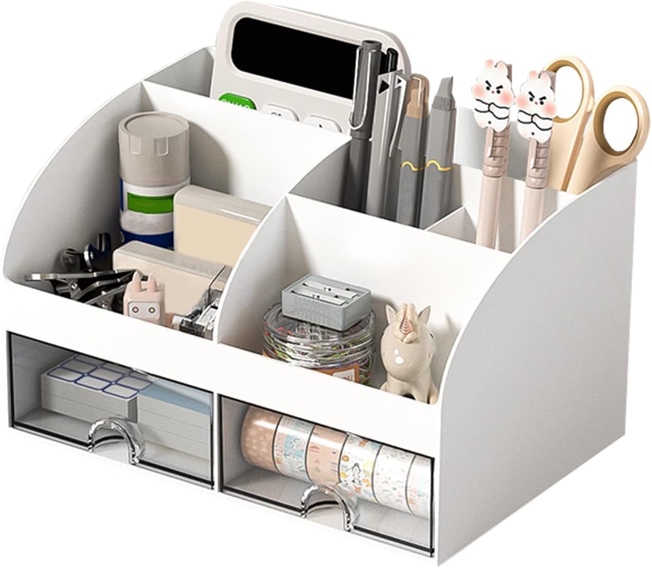 Seven Moon Multipurpose Desktop Storage Organizer, with 2 Transparent Drawer for Cosmetic, Jewellery, Mobile, Brush & Office & Stationery Items (White)