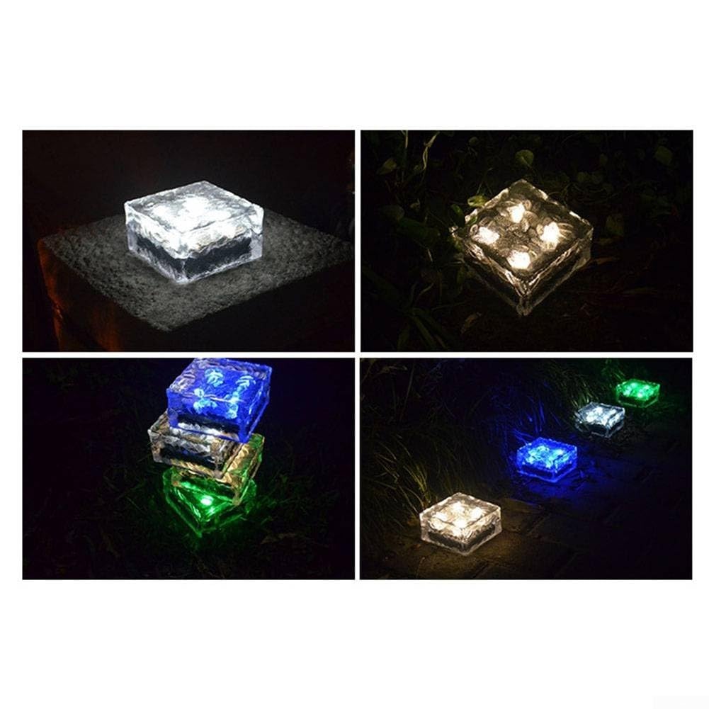Set di 4 luci a LED a energia solare per esterni, a forma di mattoni, ricaricabili, automatiche, dal tramonto all'alba, in vetro, impermeabili, per giardino, patio, vialetto (luce bianca)