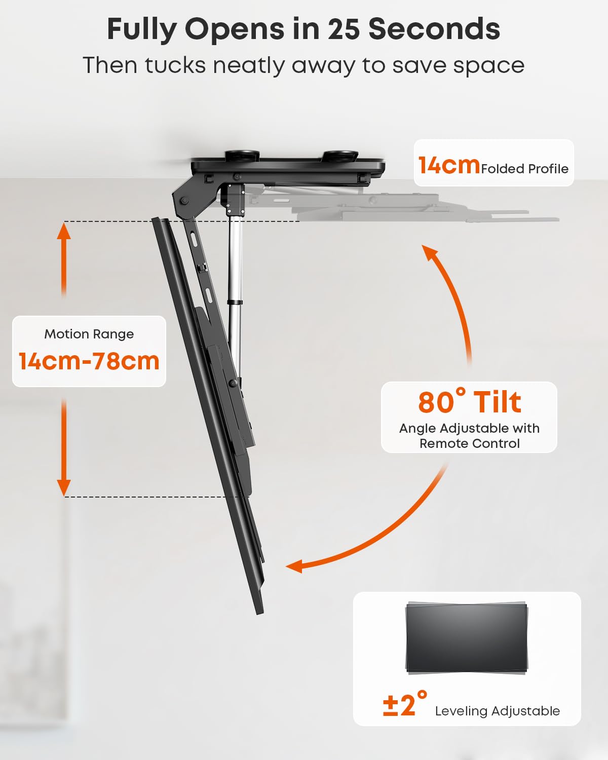 Supporto TV da Soffitto Elettrico per TV 37-86 Pollici, Staffa TV Motorizzata Pieghevole e Inclinabile con Telecomando, Portata 45 kg, Piastre di Estensione VESA, Nero