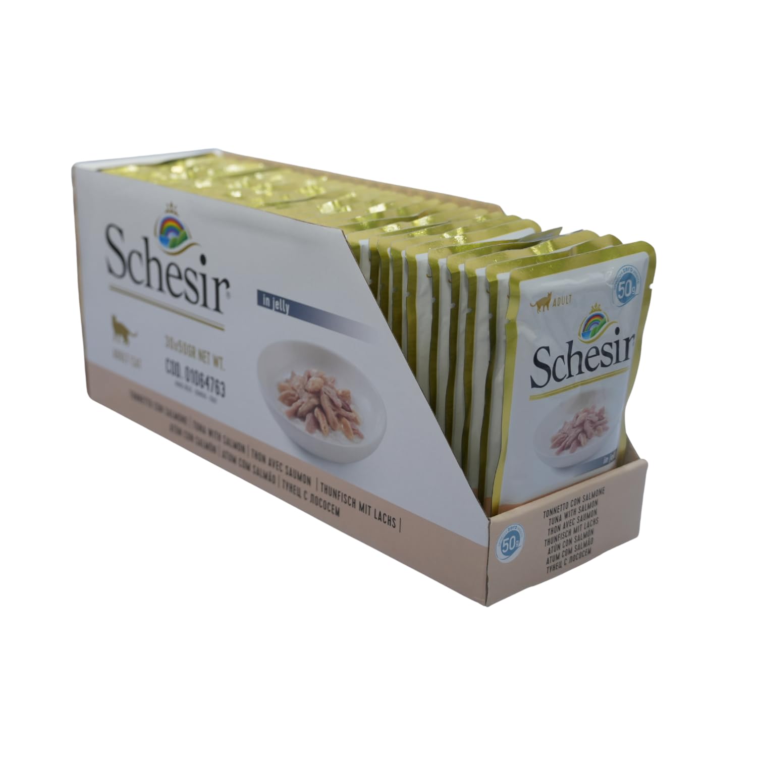 Schesir, Feuchtnahrung für Erwachsene Katzen mit Thunfisch und Lachs in weichem Gelee - (30 Beutel à 50 g) (Packung mit 2)