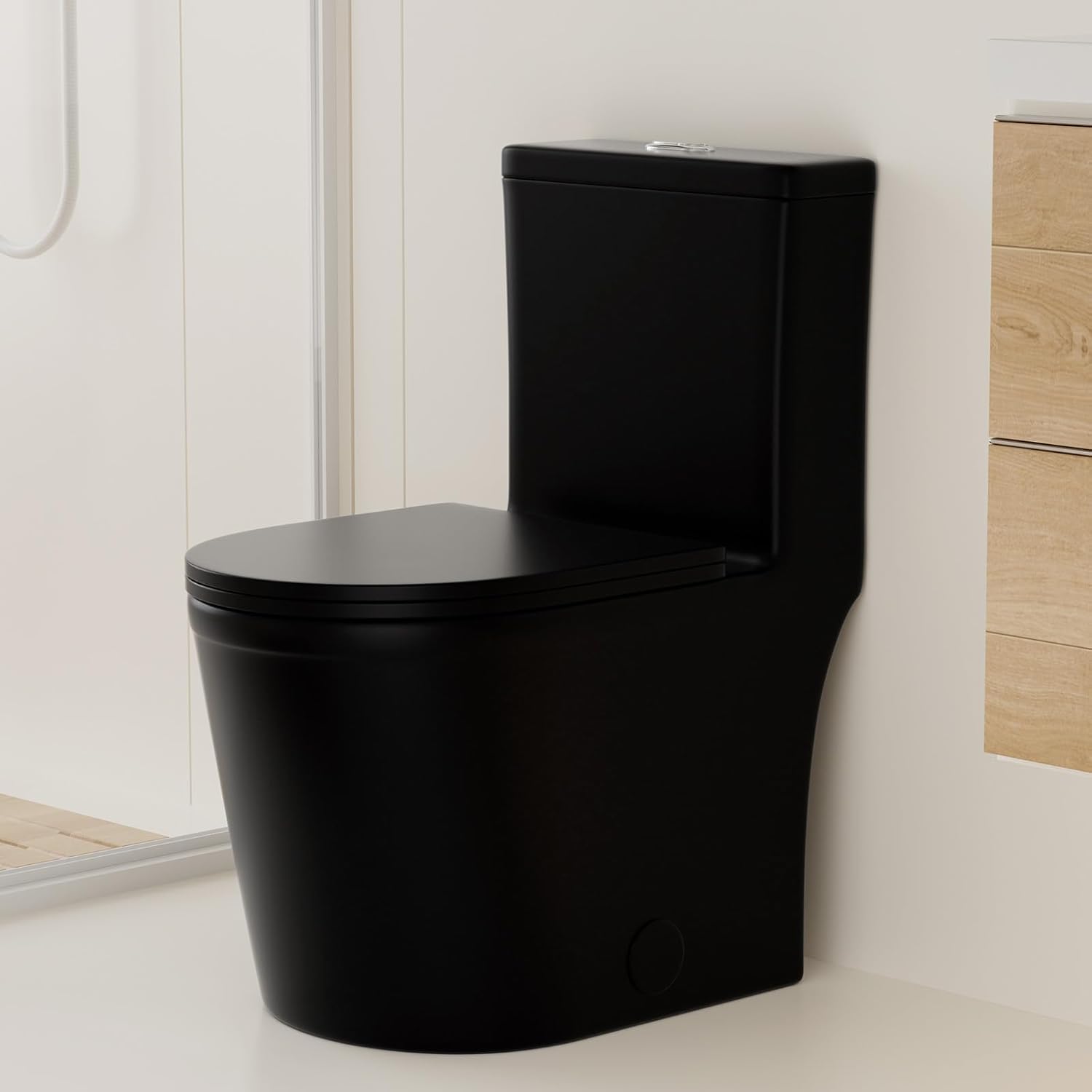 SouNor Floor Mounted 12" Rough-in Small One Piece Toilet Dual Flush 1.6/0.8 GPF Compact Modern Short Bathroom ADA Standard Height Mate Black.