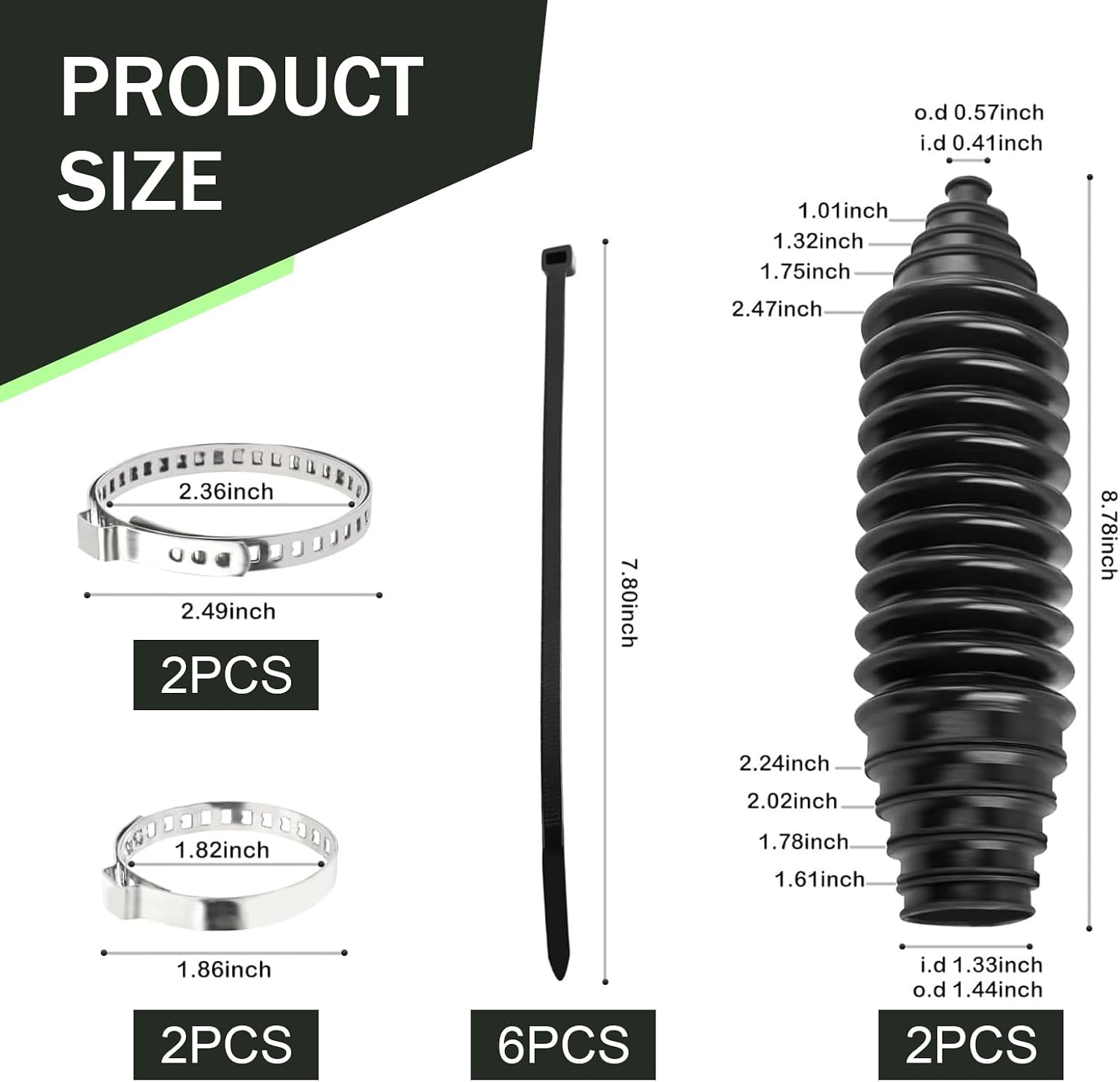 2 PCS Rack and Pinion Boot Inner Tie Rod Boot, Dustproof Tie Rod Boot Kit with Pinion Bellow, Cable Ties and Clamps, Universal Silicone Steering Gear Ball Cage Accessories (Black)