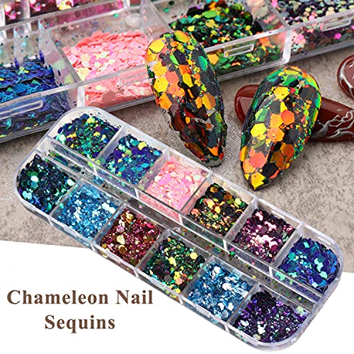 12 Colors Chameleon Nail Art Sequins 3D Nail Glitter Flakes Laser Gradient Nail Art Design Holographic Nail Glitters Powder For Women Girls Manicure Tips Charms Decoration Diy Nails Supplies #TOP1