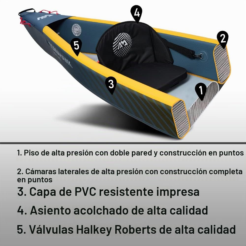Aqua Marina Tomahawk Air-K Kayak Inflable de Alta presión para 2 Personas, 440 cm de Longitud, Marino/Amarillo
