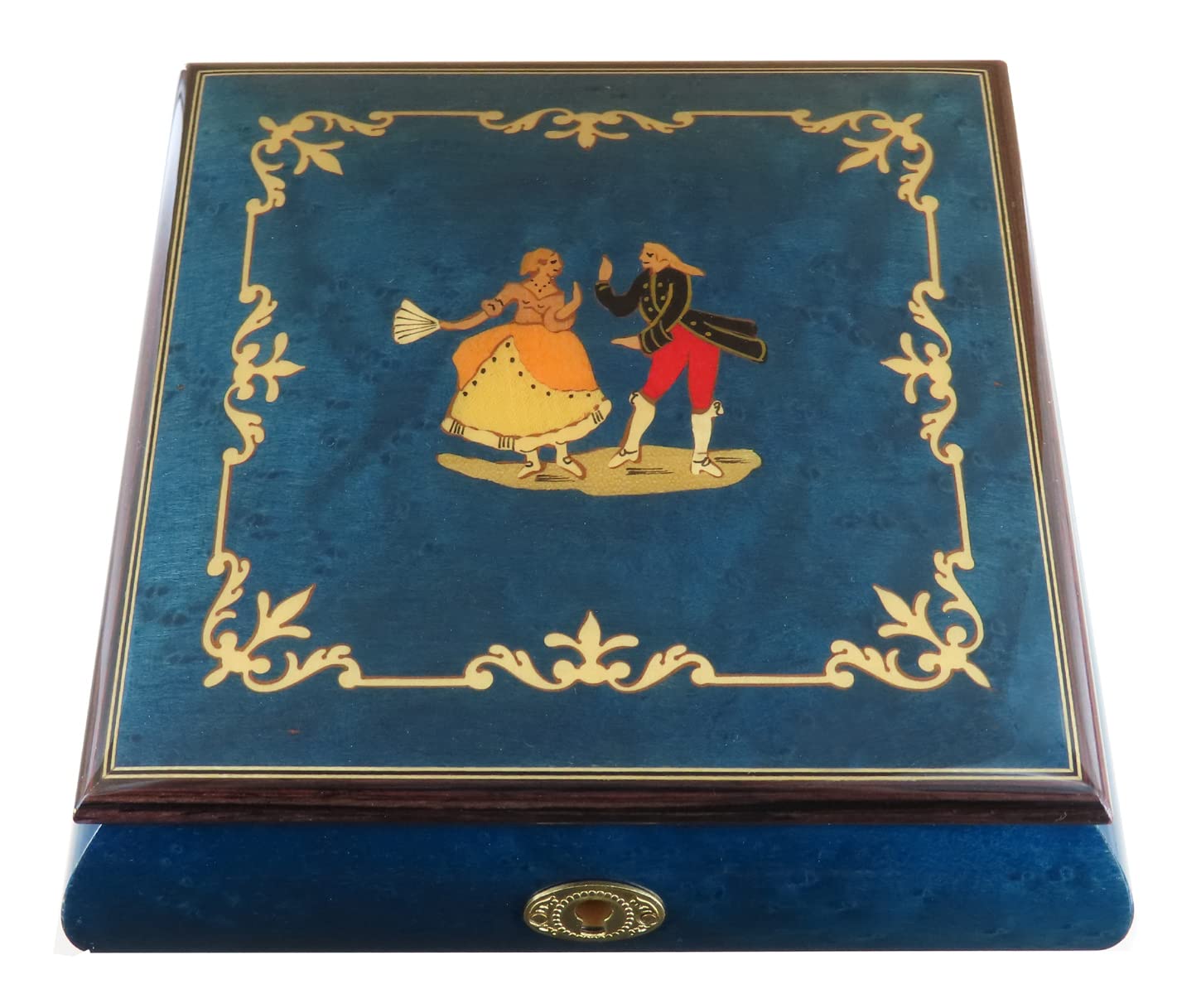 Caja de música para joyas / joyero musical de madera teñida de azul con marquetería bailarines y mecanismo musical de resorte de 18 notas - Over the rainbow - El mago de Oz (Harold Arlen)
