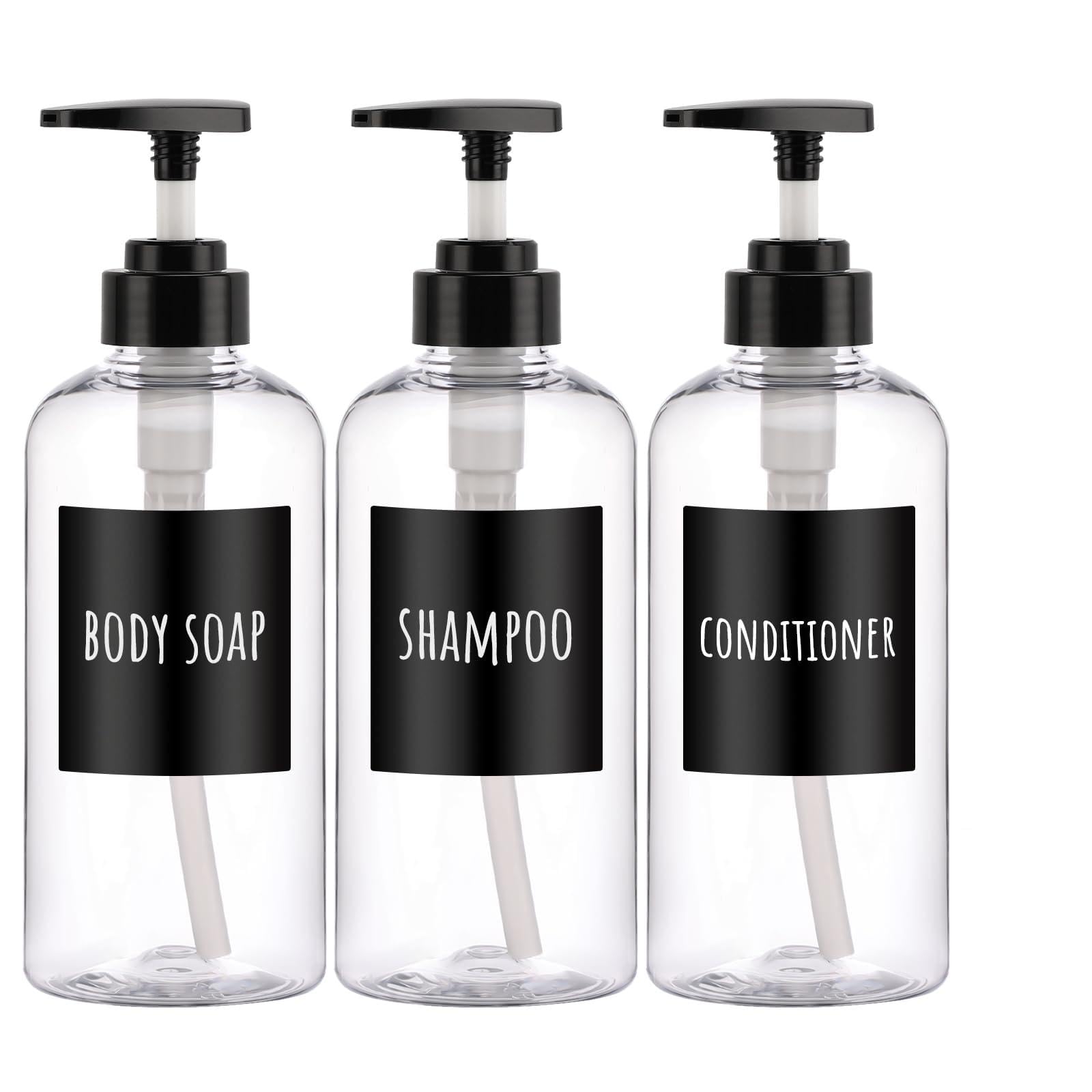Shampoo Bottles with Labels, Segbeauty 3pcs 16.9oz/500ml Plastic Pump Bottle Dispenser, Empty Refillable Shower Lotion Body Soap Shampoo Conditioner Press Dispenser for Hotel Bathroom Kitchen Clear