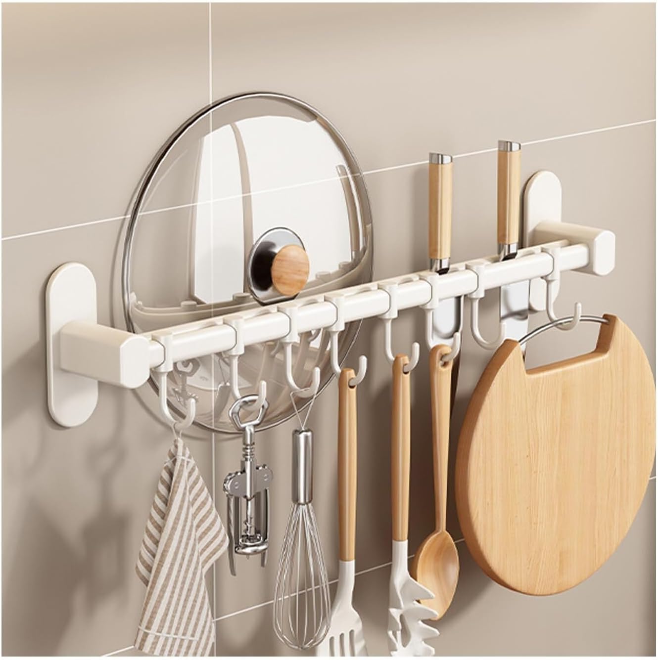 Ganci da Cucina Barra da Cucina con Ganci Portautensili Ganci da Cucina A Parete per Utensili, White, 50cm
