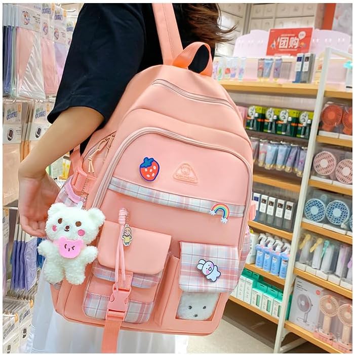 Miniatura 4 de Juego de 5 mochilas Kawaii con colgantes y alfileres Kawaii, accesorios estéticos, bolsas de libros con colgante, Rosado, Moderno