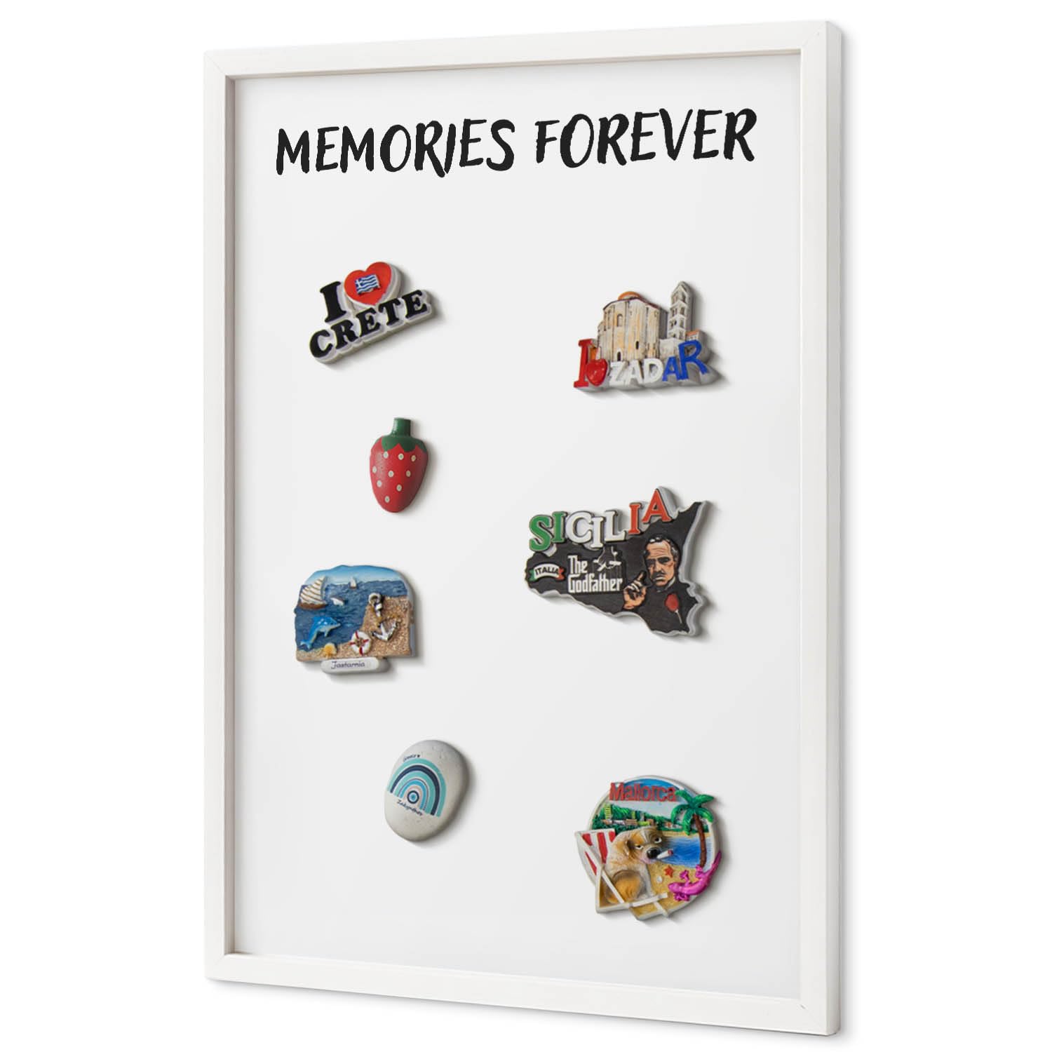 Pizarra Magnética de Pared 40x60 cm | con Marco Blanco | Memories Forever | Montaje Fácil | Tablero Imantado | Para Imanes Turísticos, Recuerdos de Viaje y Fotos | Decoración para Salón o Pasillo