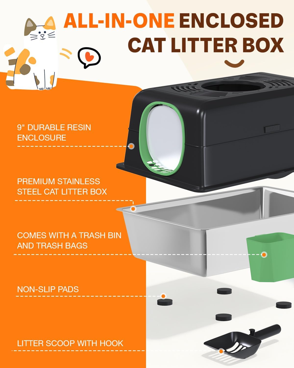 XL Stainless Steel Cat Litter Box with Lid, Enclosed High-Sided Top-Entry Design, Large Metal Kitty Litter Box Equipped with Scoop and Trash Bin, Black