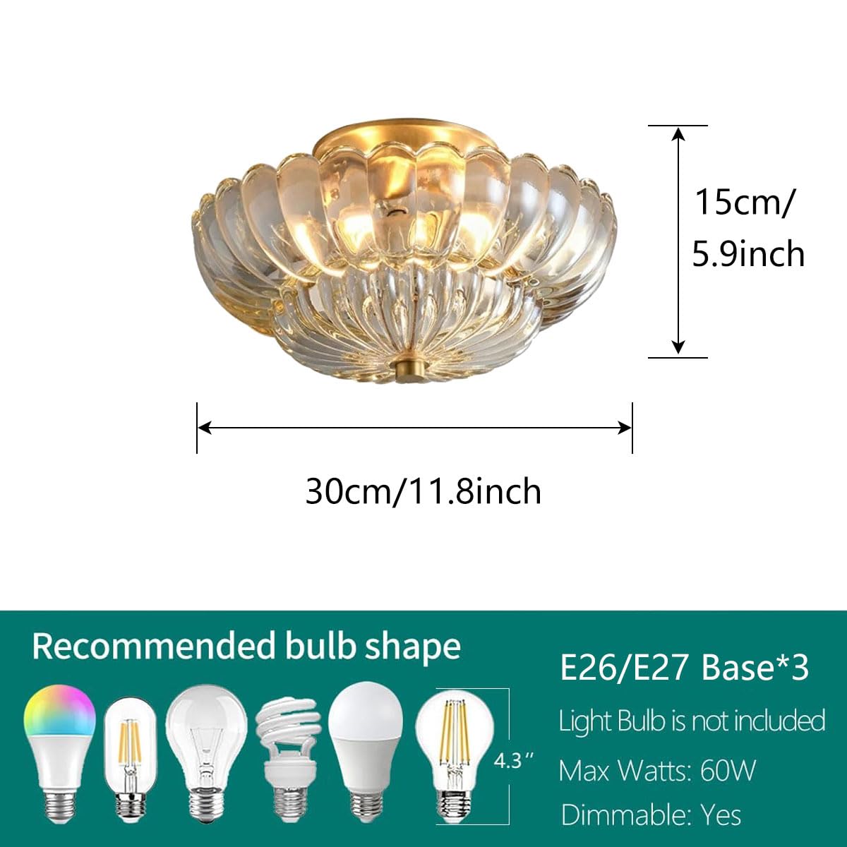 Plafoniera in Vetro Cristallo 30CM Stile Vintage Montaggio a Soffitto Base in Metallo Dorato 3 Luci Attacco E27 per Soggiorno Camera Corridoio Sala da Pranzo
