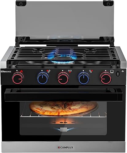 CAMPLUX Elite - Combo de estufa y horno de propano para RV de 17 pulgadas, 1.27 pies cúbicos con 3 quemadores, salida total 28,100 BTU/Hr, estufas