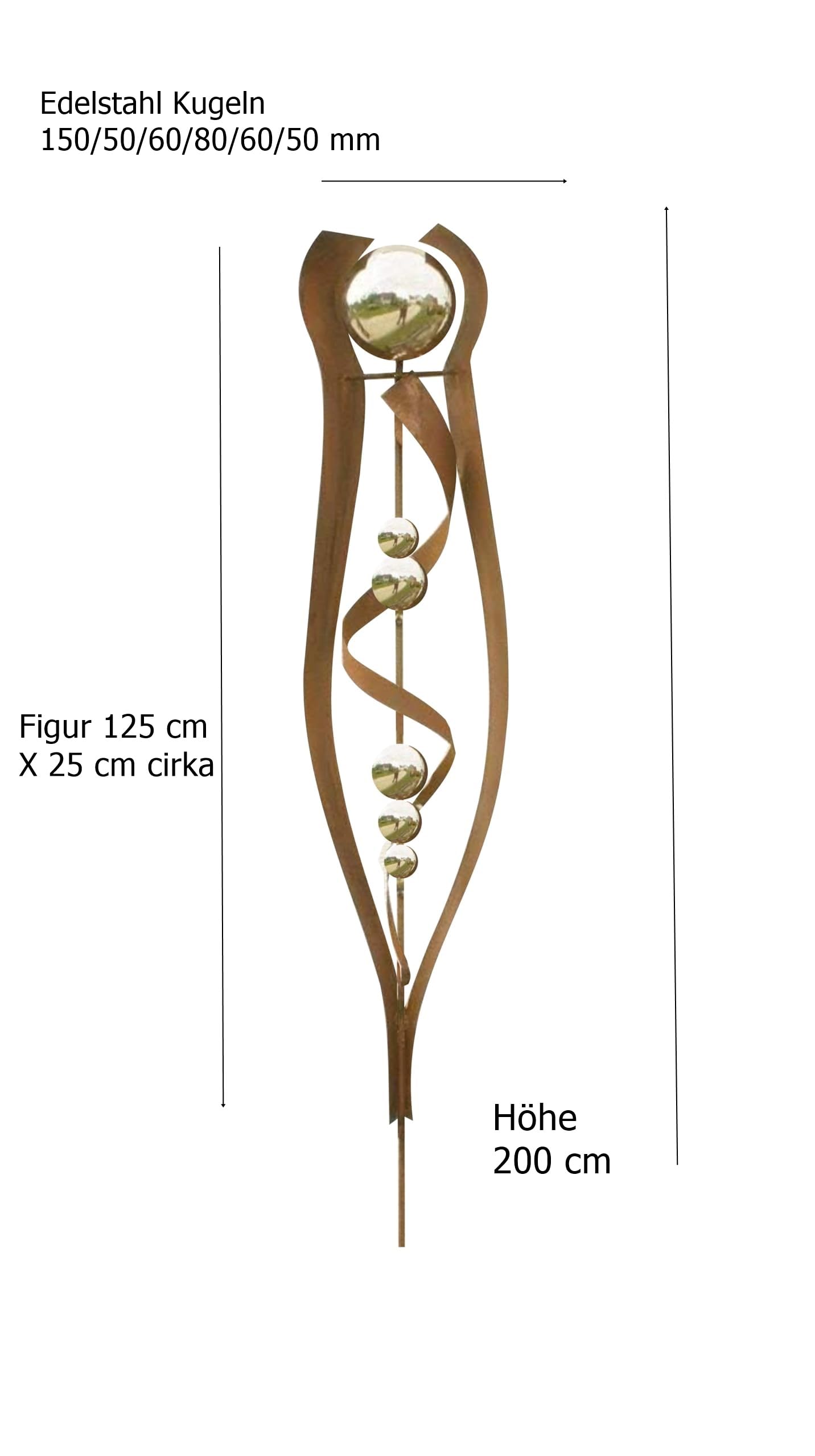 Gartendeko Moderner Roststab, 200 cm. handgefertigt mit 6 Edelstahlkugeln