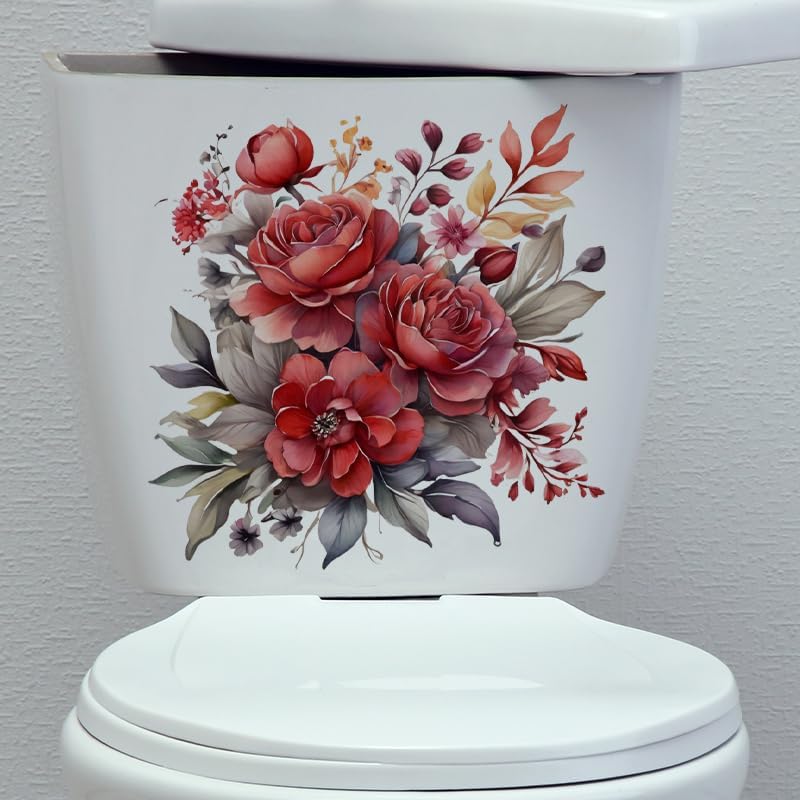Peony Flower Toilet Cover Sticker Decals,Fish Bird Flower Leaf Waterproof Toilet Lid Tank Seat Decals Cistern Self-Adhesive Bathroom Wall Sticker, White