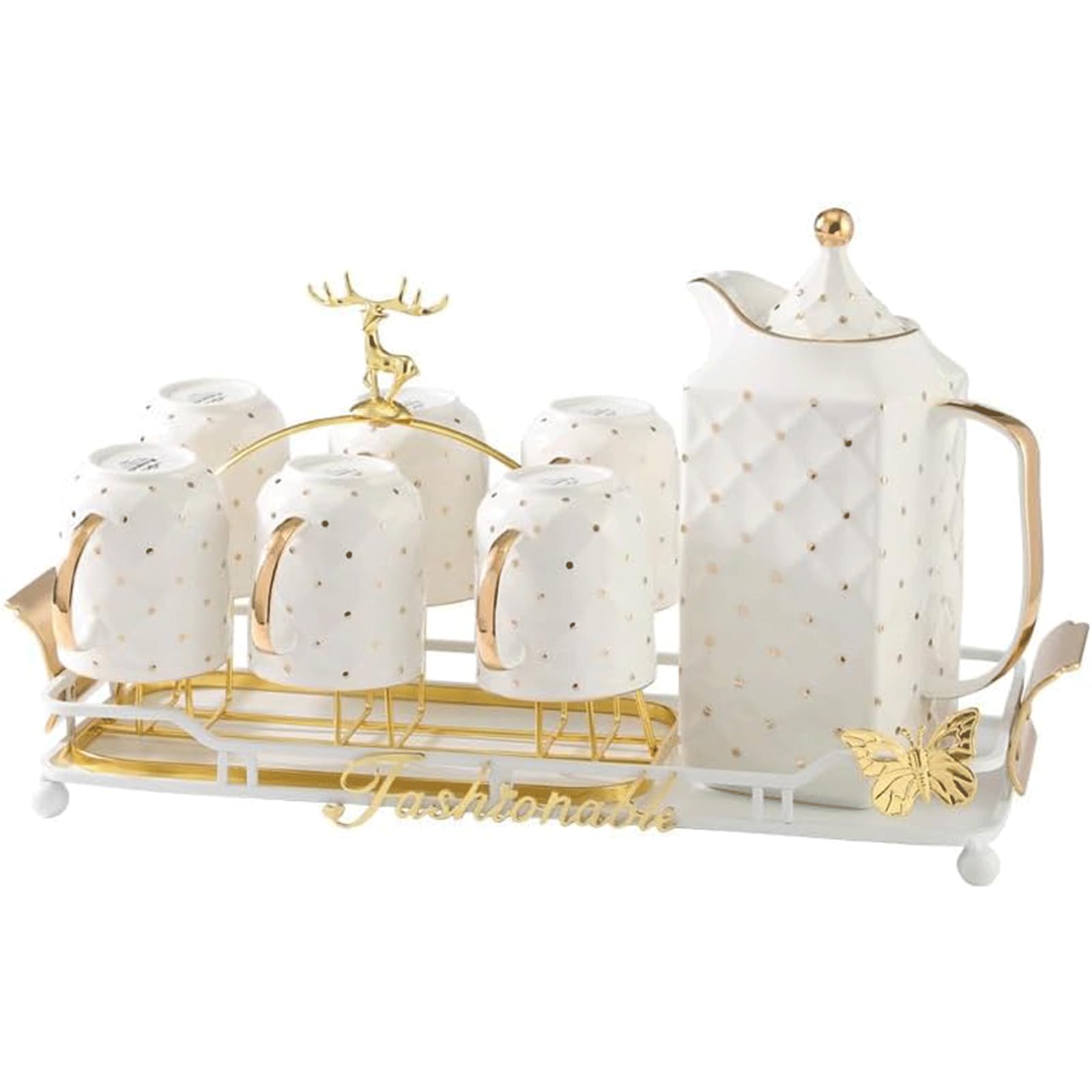 Zestaw Do Herbaty Z Dzbankiem Na Wodę I Ceramicznymi Filiżankami*6, Metalowy Uchwyt Na Kubki I Tacka, Dzbanek Na Kawę/Soki/Mleko, Butelka Na Zimną Wodę, Kubki D