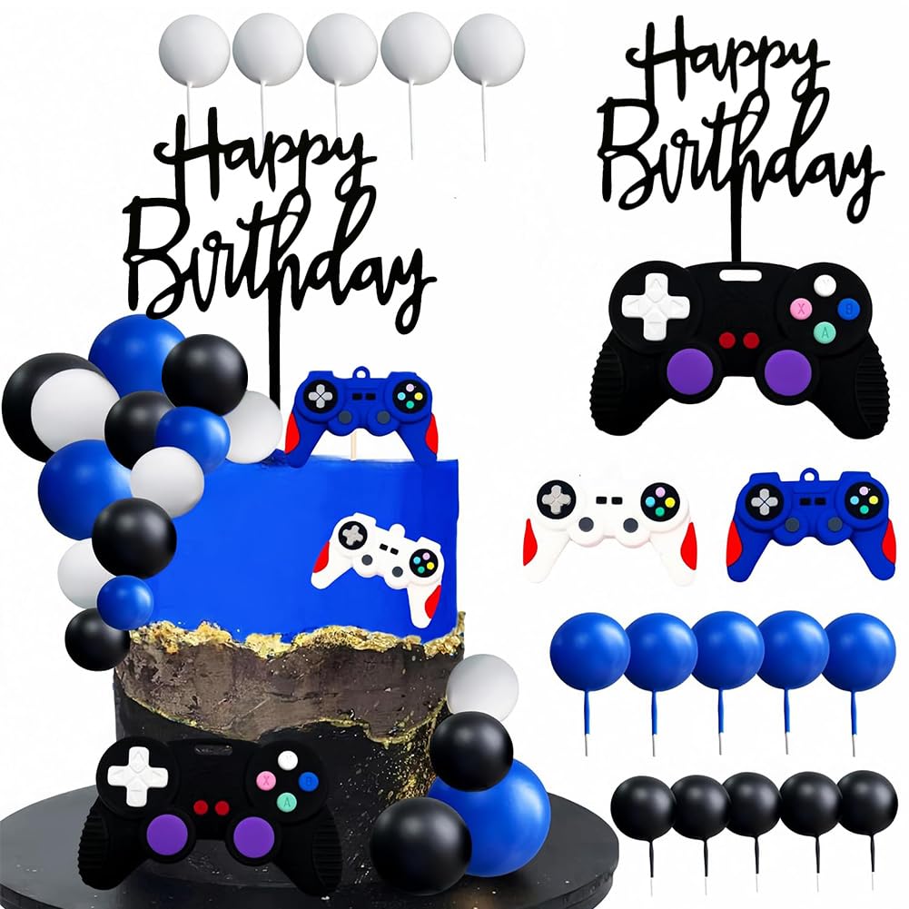19 PCS Game Cake Toppers Game Cake Decorations Control Handle Cakes Decoration with Ball,Happy Birthday Cake Topper for Birthday Game Party Supplies