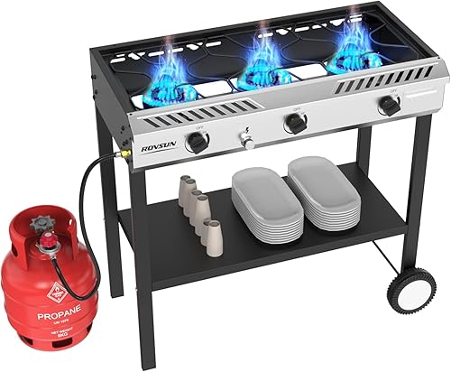 ROVSUN Quemador de propano de 3 quemadores para exteriores con encendido y regulador, 225,000 BTU potente y portátil, estufa de gas para exteriores,
