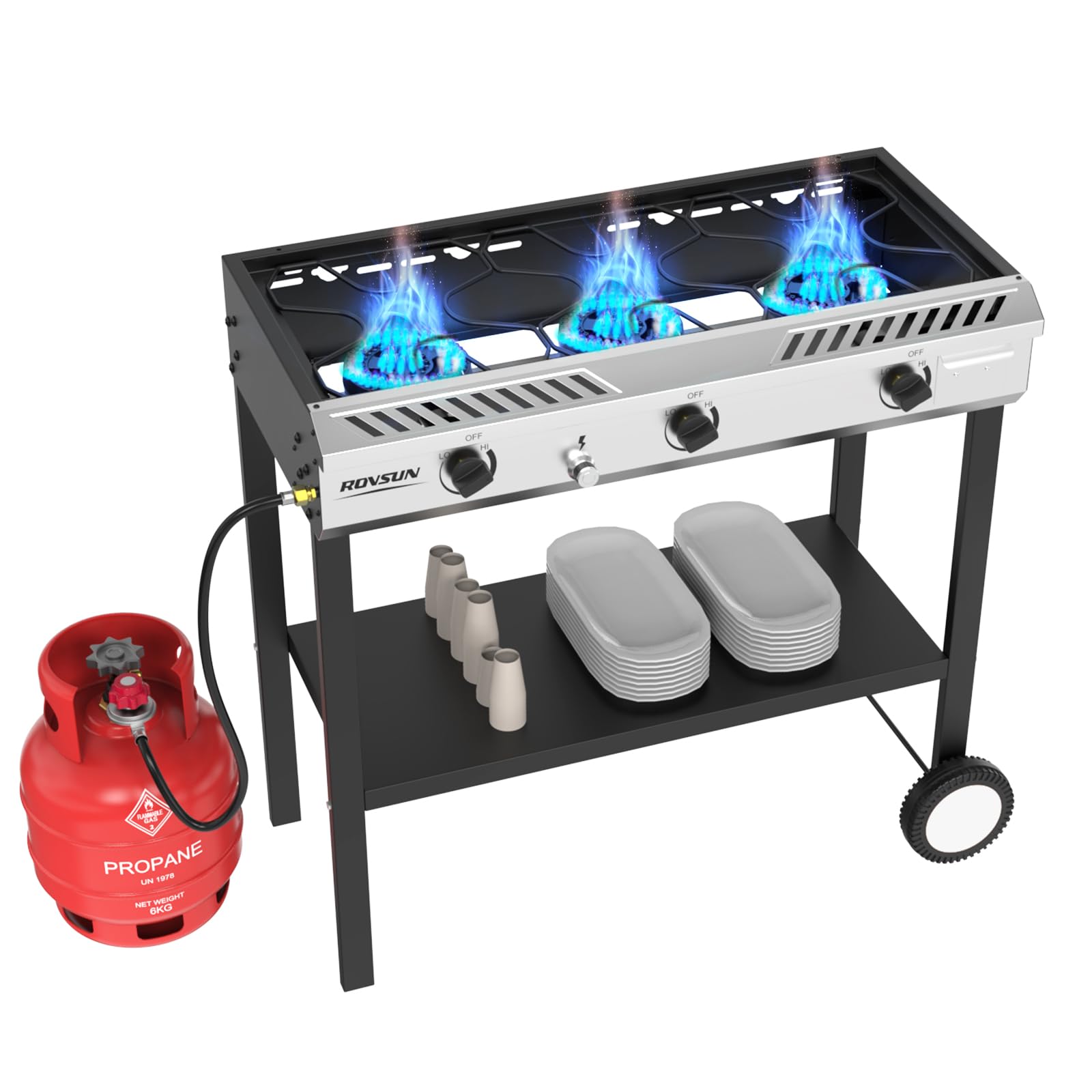 ROVSUN Quemador de propano de 3 quemadores para exteriores con encendido y regulador, 225,000 BTU, potente y portátil, estufa de gas para exteriores, para patio, cocina, hogar, camping, elaboración de